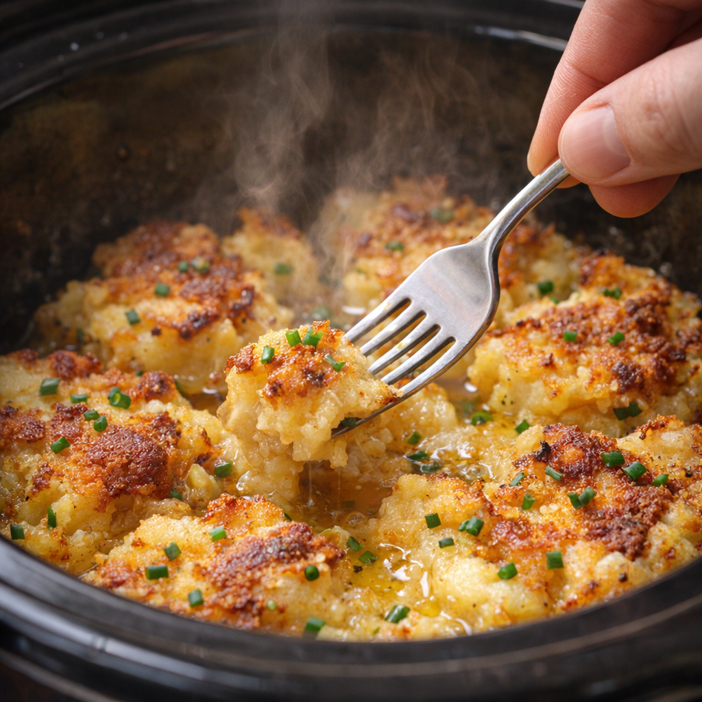 Tender cooked potatoes being checked with a fork in the slow cooker