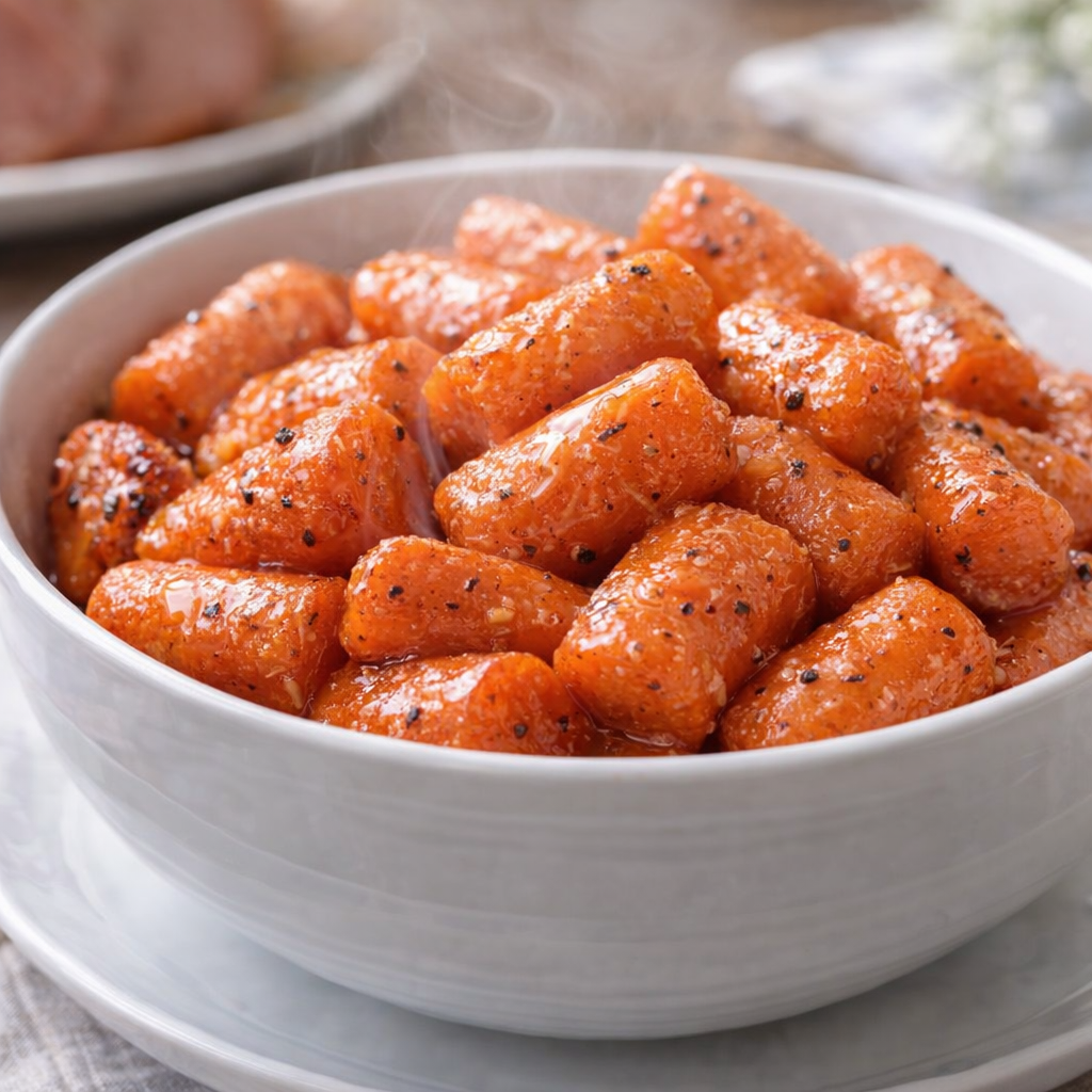 Finished honey glazed carrots in a white serving bowl