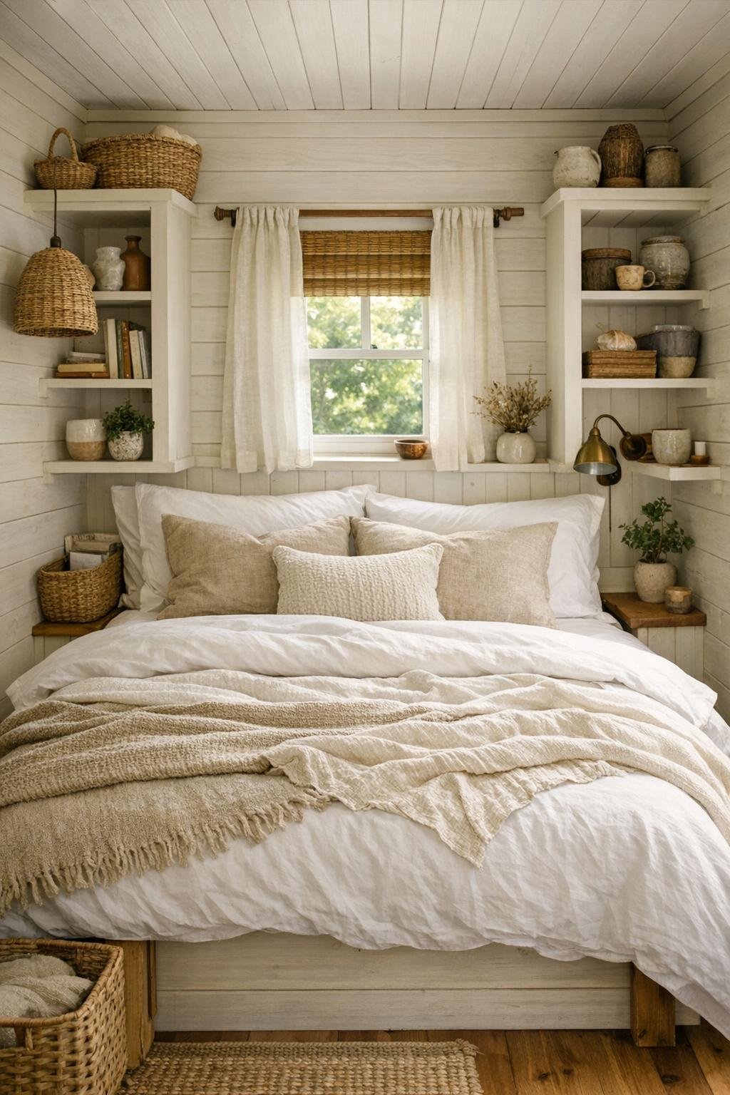 Peaceful tiny home bedroom with layered bedding, built-in storage, and soft daylight