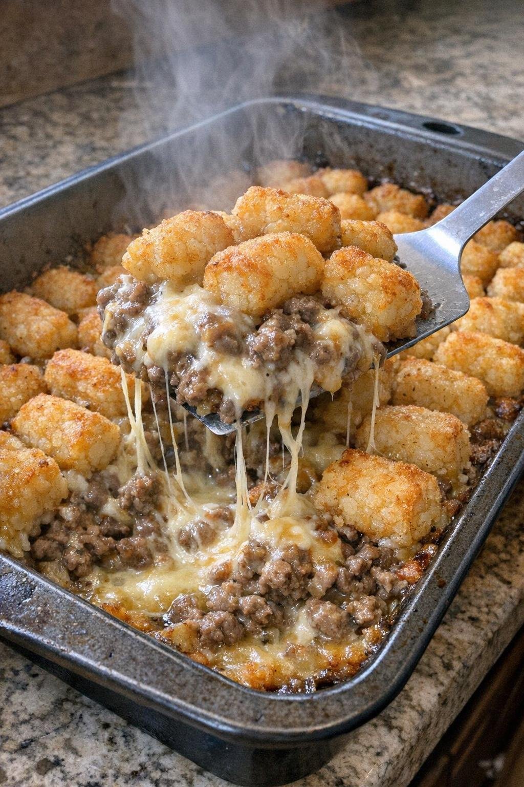 Tater tot hotdish in a dark metal pan with a spatula lifting a cheesy portion