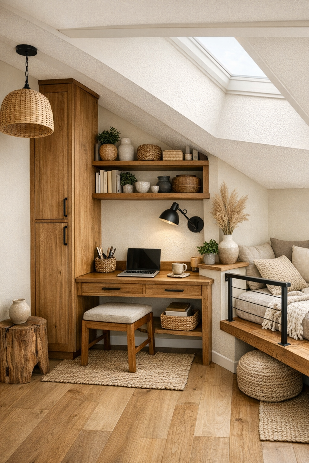 Thoughtful tiny home secondary area with built-in storage, wood details, and cozy nook