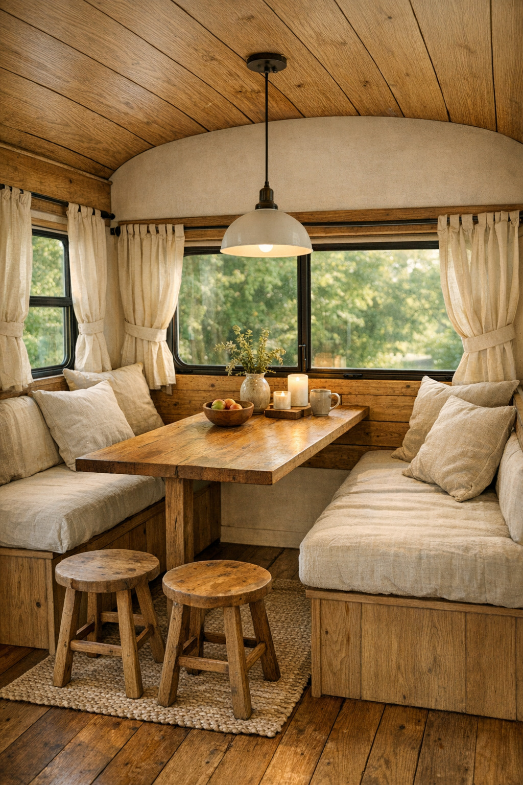 Cozy bus dining nook with built-in table, bench seating, and natural wood finishes