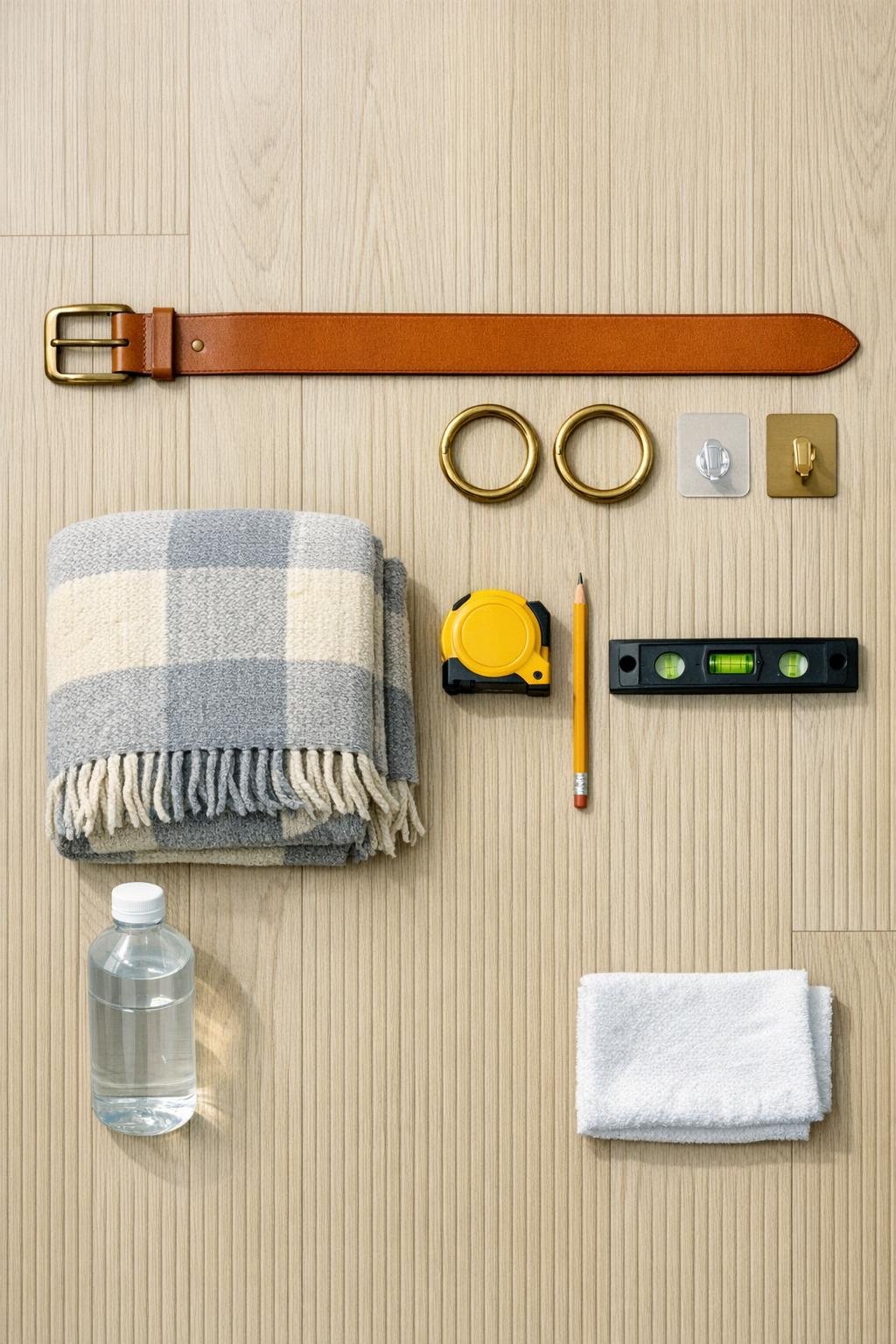 Materials for a leather belt and brass ring blanket strap laid out neatly
