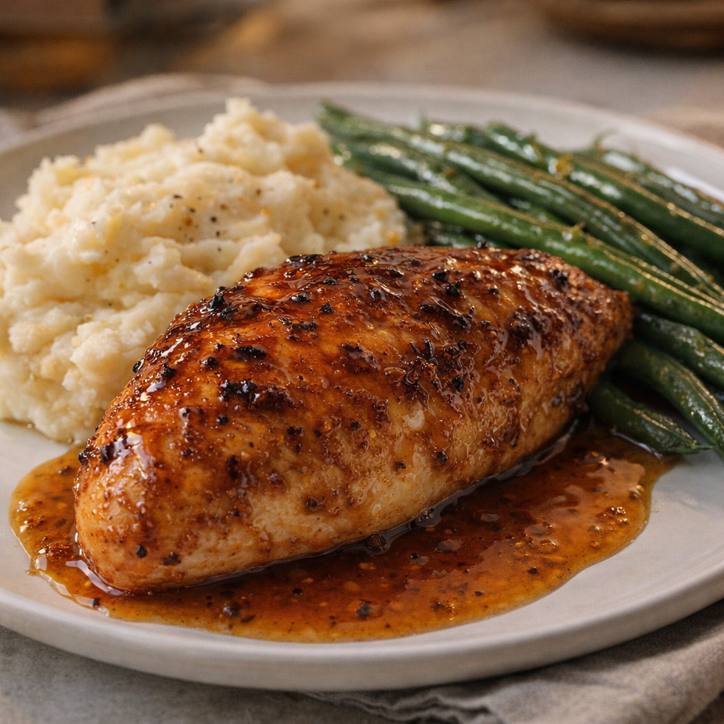 Plated chicken breast with extra sauce and mashed potatoes