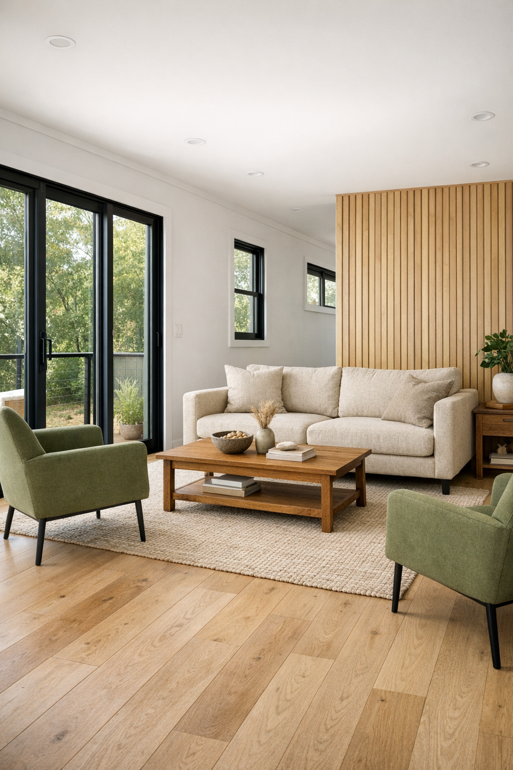 Accessible modern living room with pale oak floors, oatmeal seating, and warm wood accents