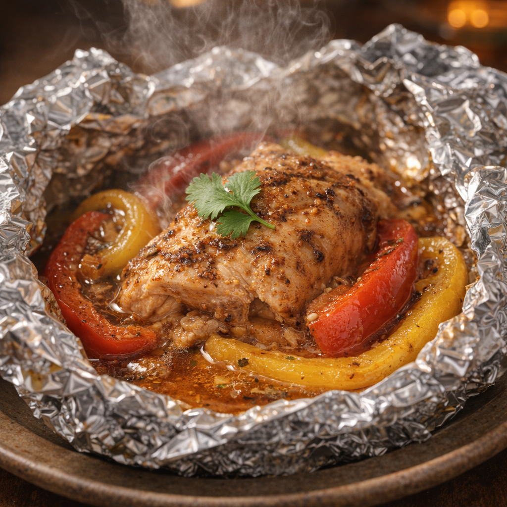 Freshly opened jerk chicken foil packet with steam