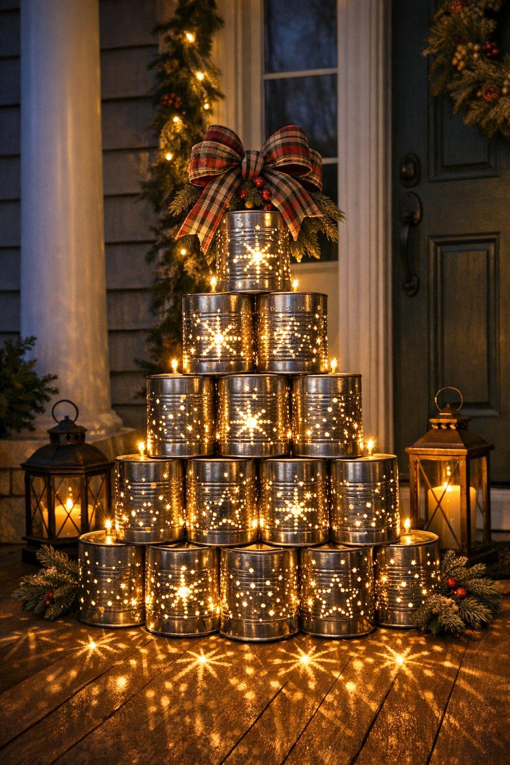 Finished punched tin can Christmas tree glowing on a porch at night