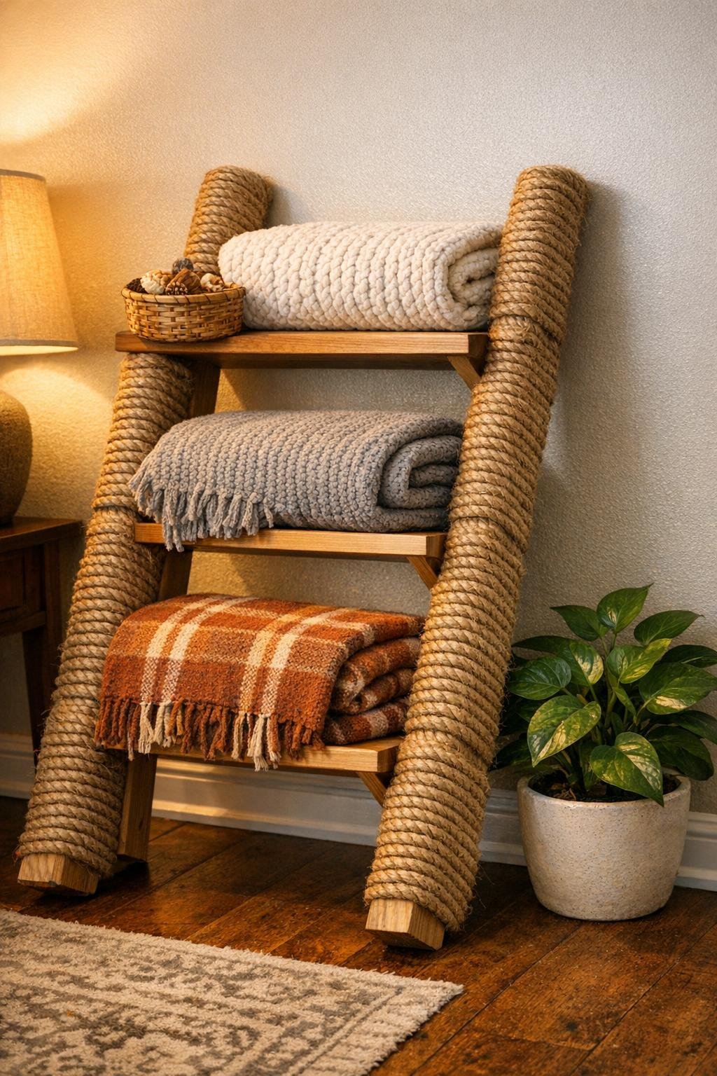 Finished rope-wrapped throw blanket ladder made from a step stool