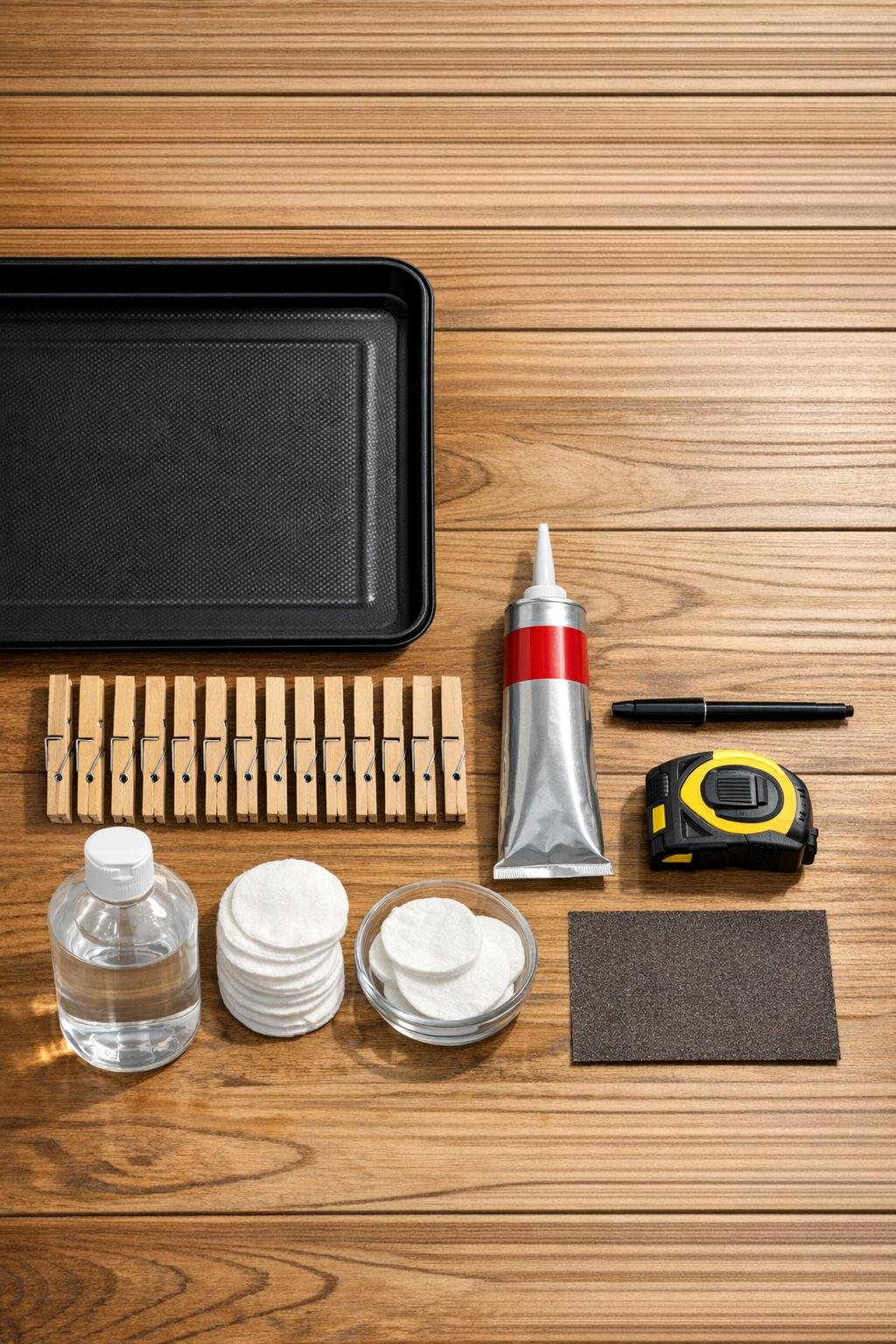 Materials for making a clothespin mitten dryer laid out neatly