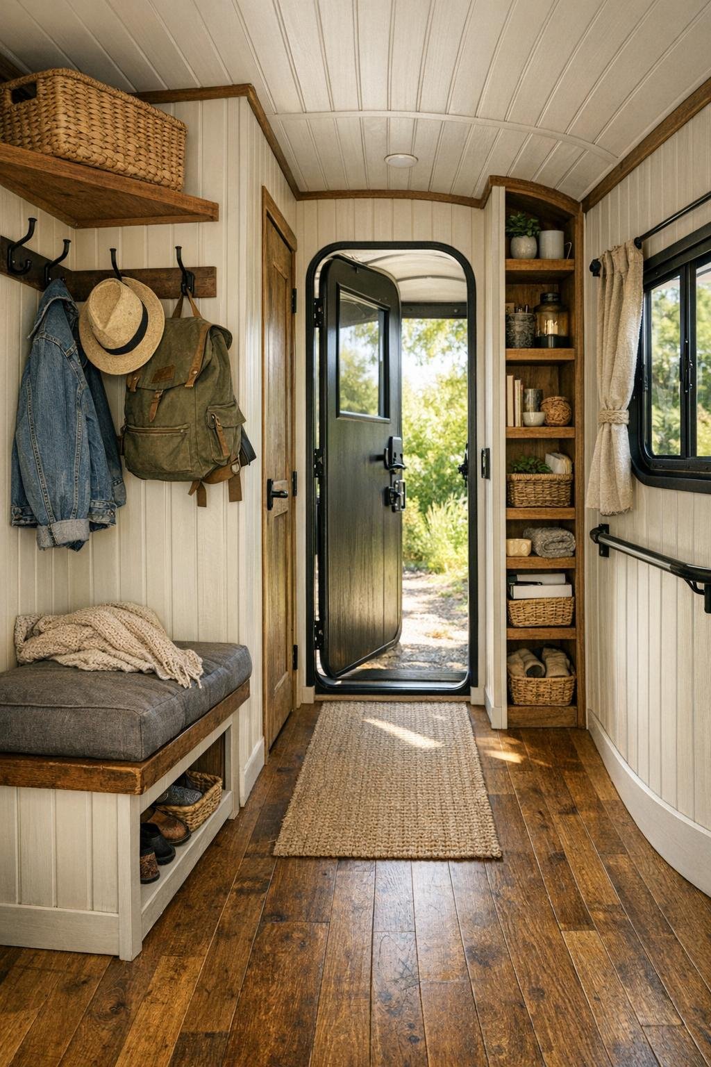 Functional camper hallway and entry area with storage bench and built-ins