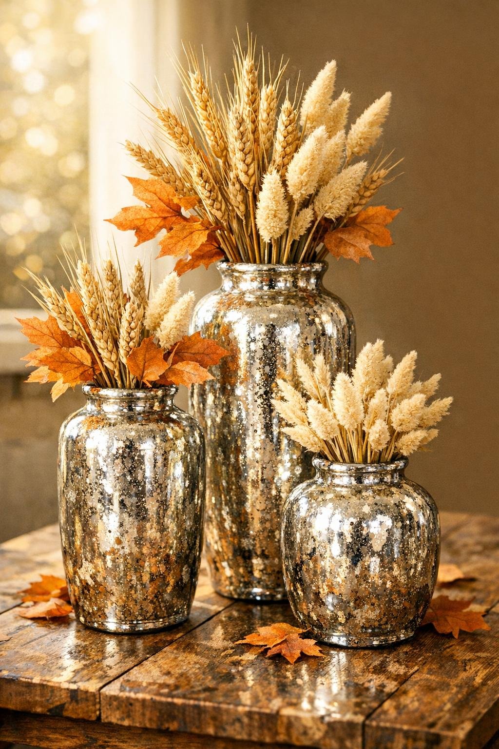 Finished set of three faux mercury glass harvest vases styled with fall stems