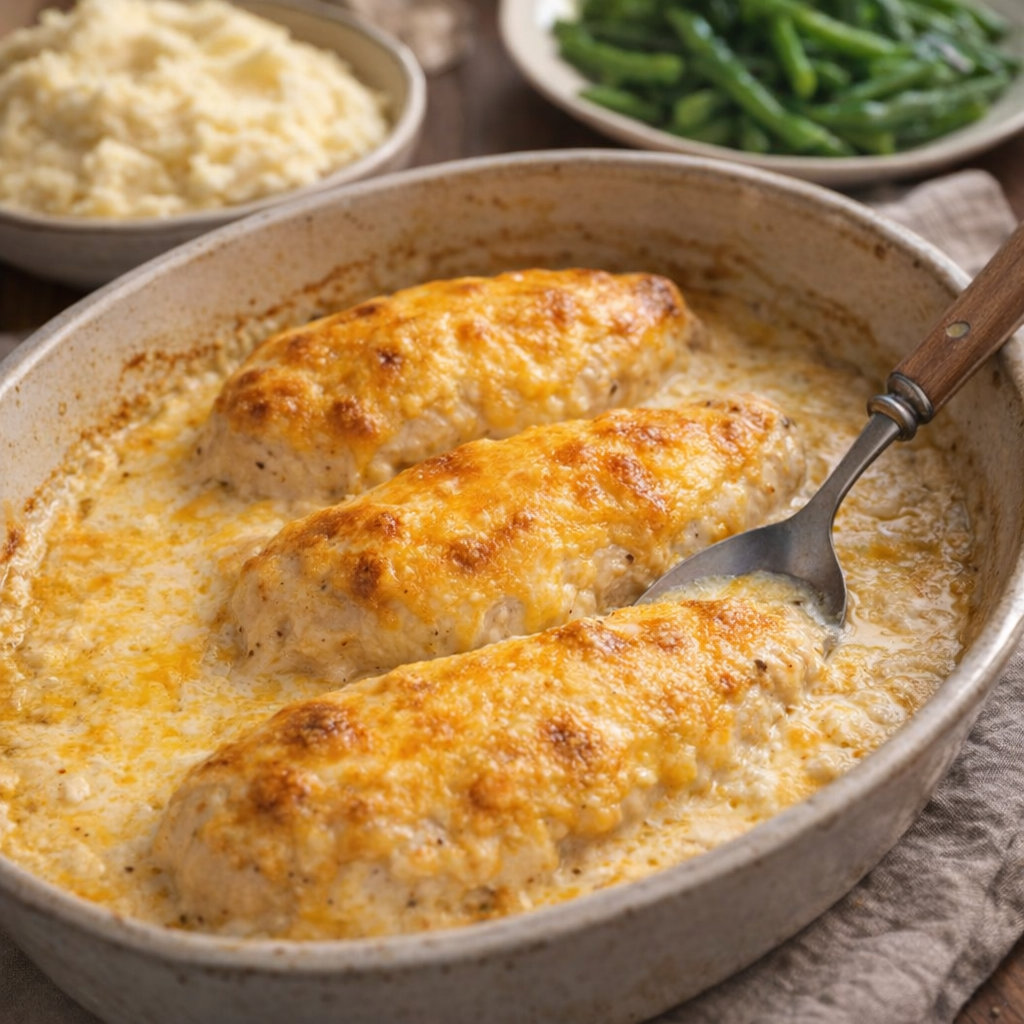Slow cooker cheddar chicken served family-style