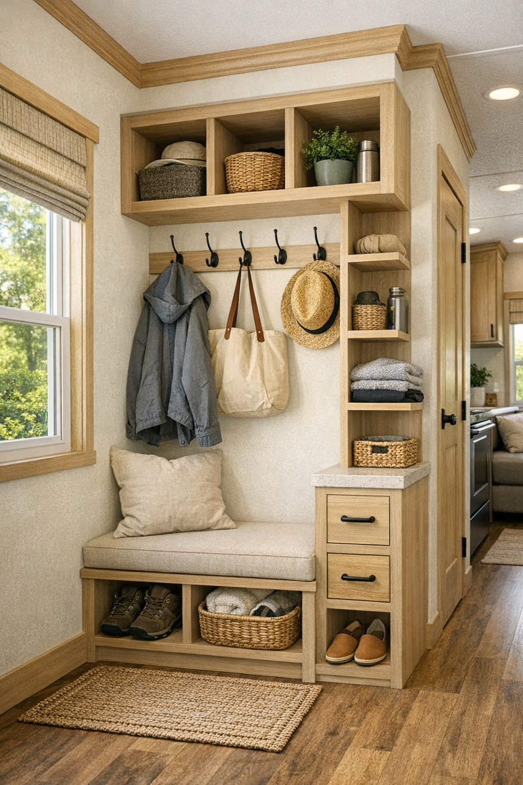 Functional small entry and multi-use nook with built-in storage and cottage warmth