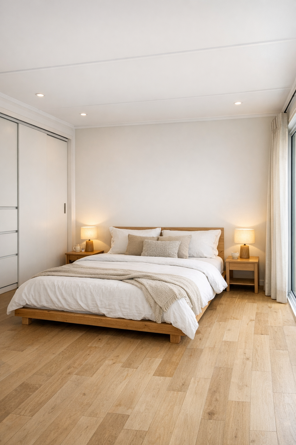 Calm modern bedroom with a low wood bed, layered neutral textiles, and soft lighting