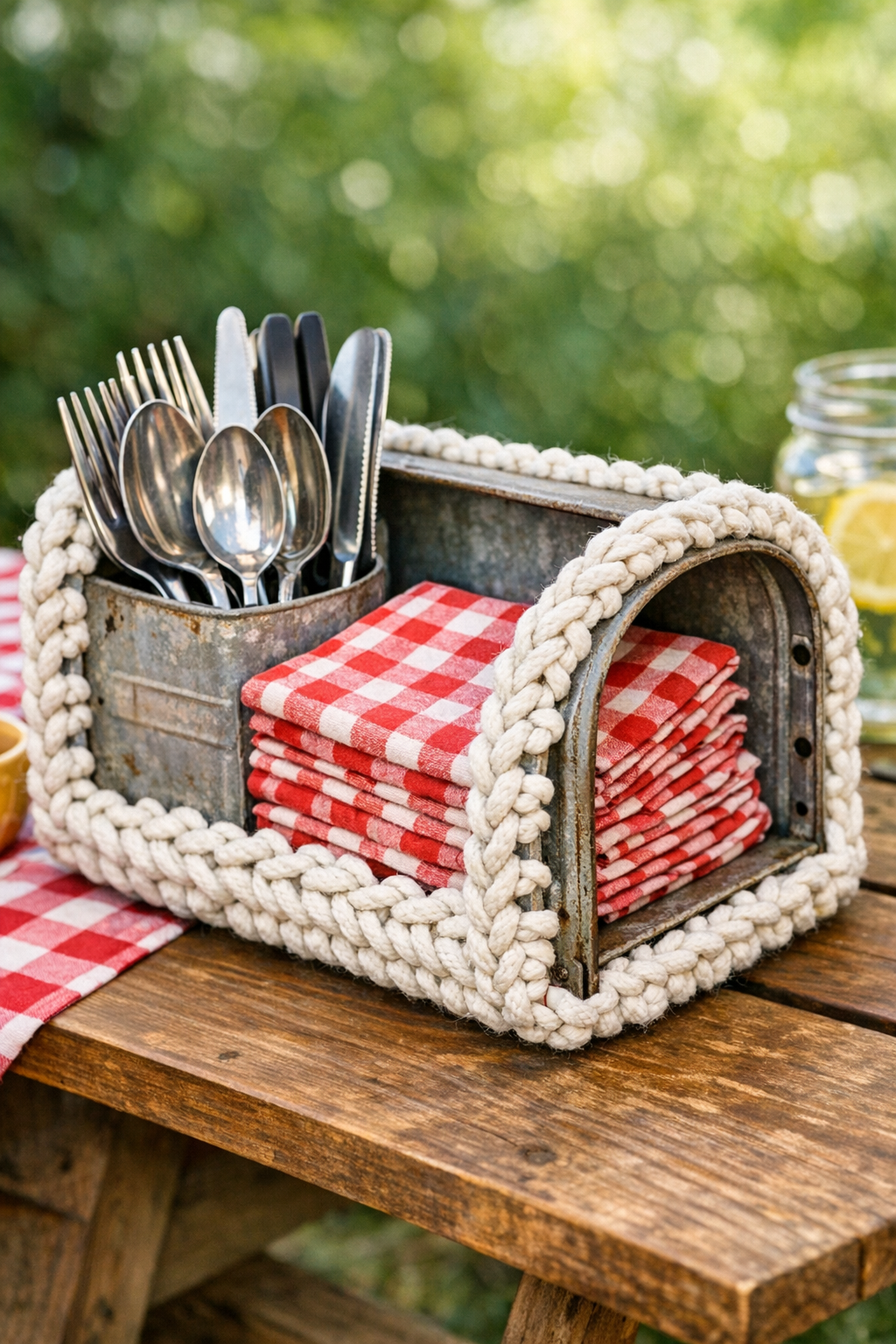 Finished crocheted mailbox utensil holder for outdoor dining