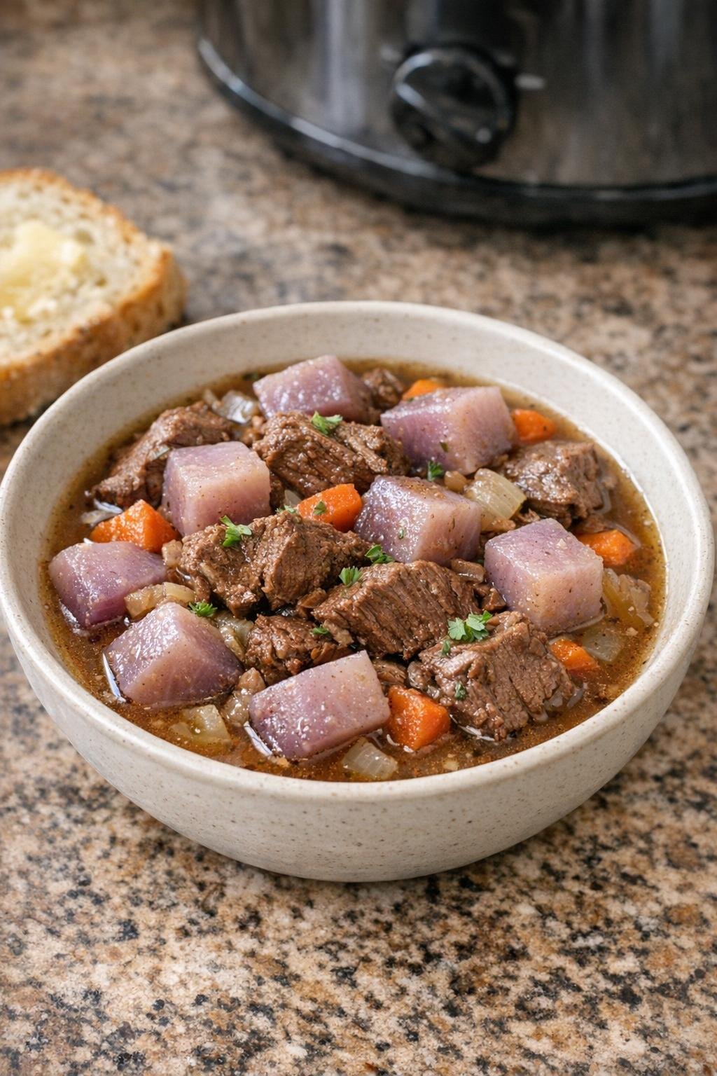 Finished bowl of slow cooker beef and purple turnip stew