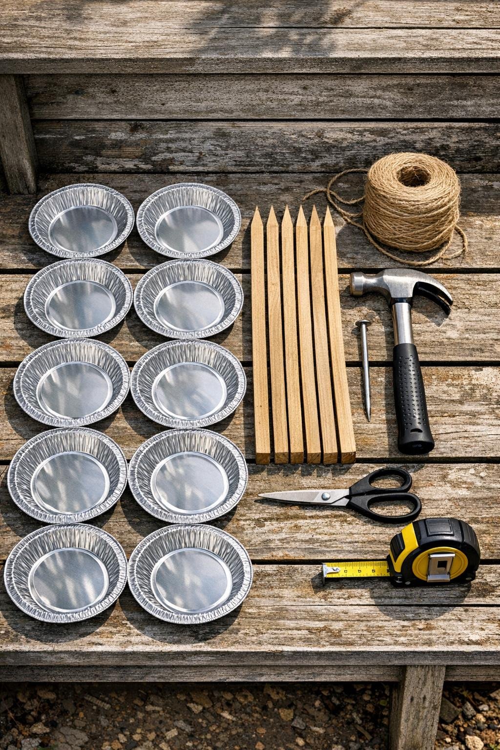 Materials for a pie tin raised bed critter barrier laid out together