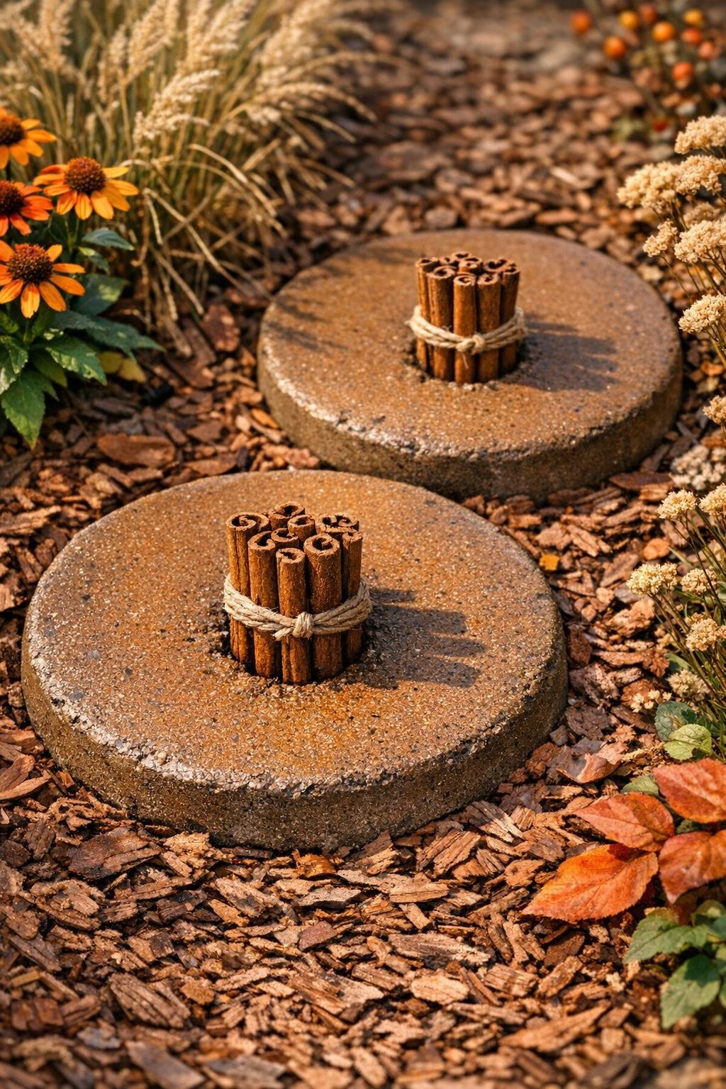 Finished harvest-themed cinnamon stick stepping stones in a garden