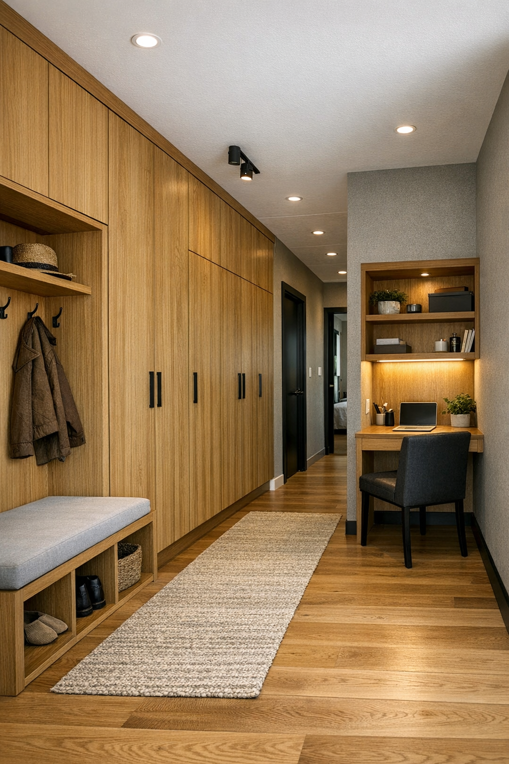 Wide hallway and entry nook with built-in storage in a modern container home