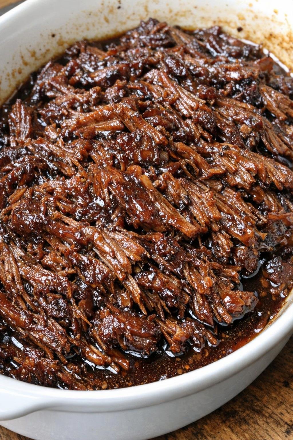 Tender shredded beef with dark glaze in a white oval casserole dish
