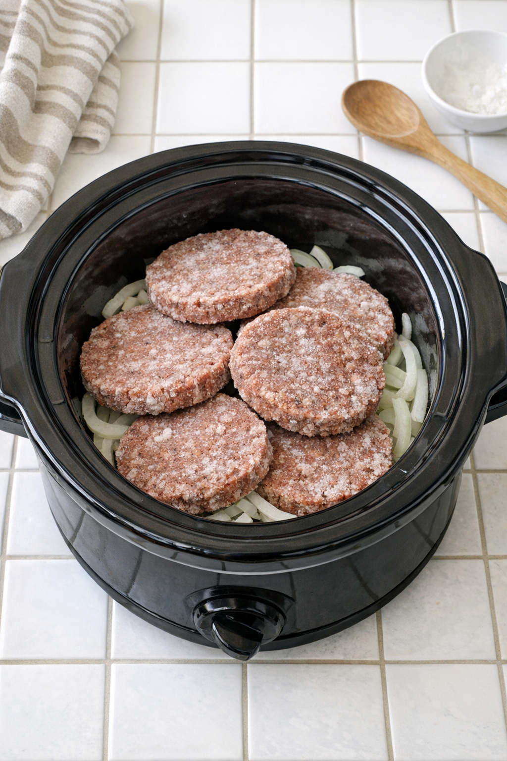 Frozen beef patties layered with onions in a slow cooker
