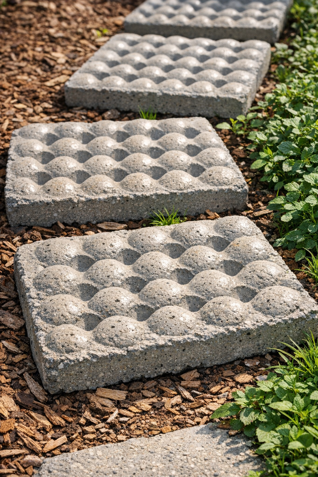 Finished heavy dimpled garden slabs made from egg cartons and cement
