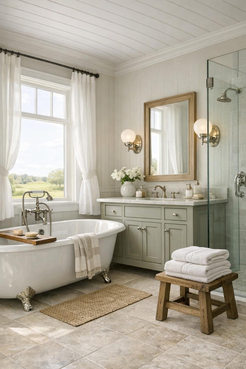 Serene farmhouse bathroom with a freestanding tub, paneled walls, and a painted vanity