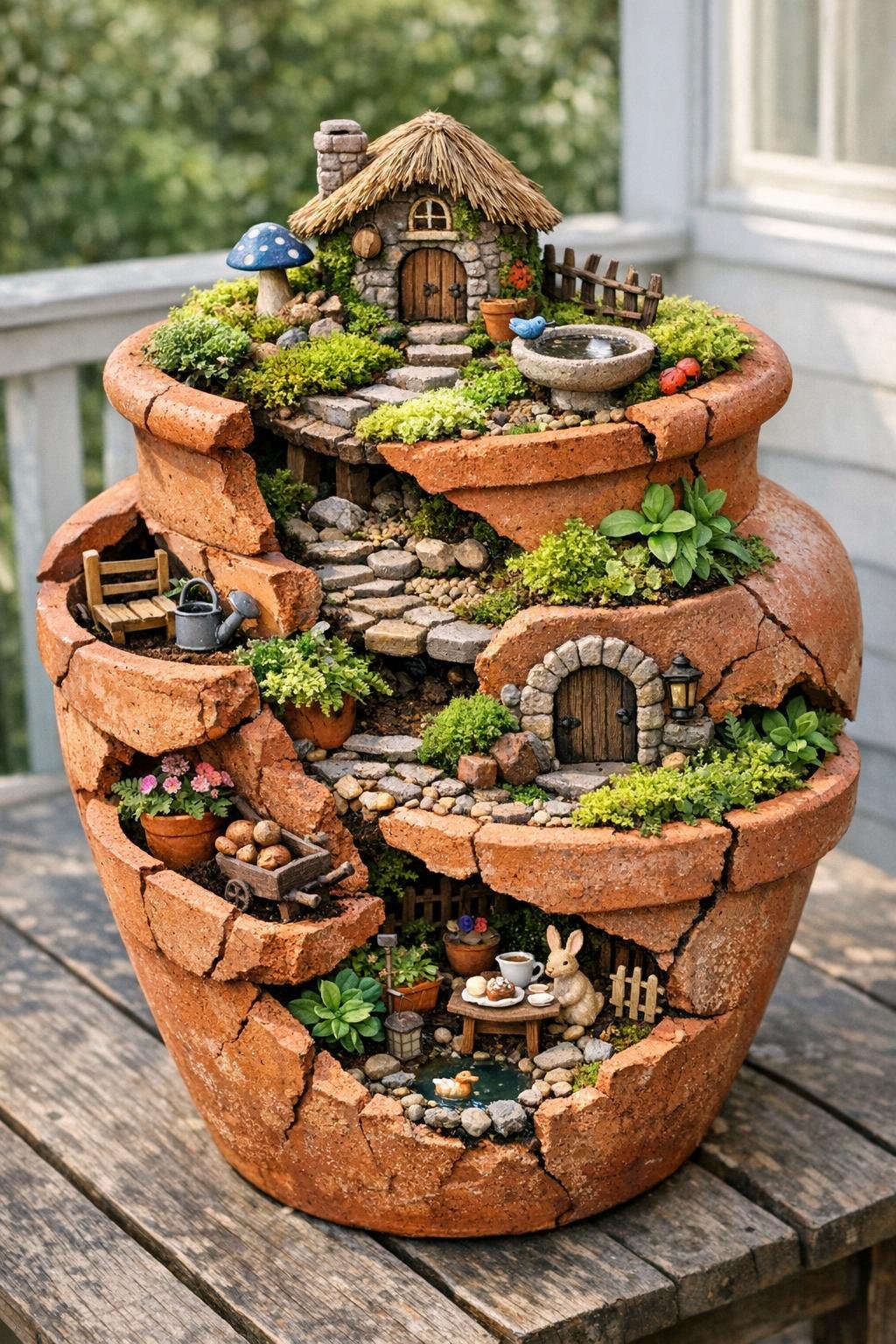 Finished fairy garden planter made from a cracked clay strawberry pot