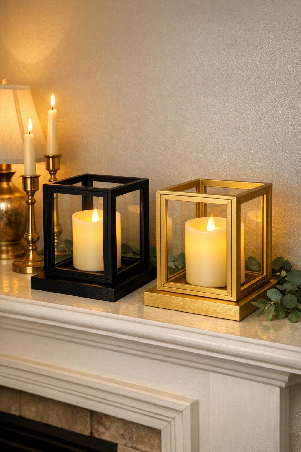 Finished pair of lanterns made from dollar store picture frames styled on a mantel with LED candles