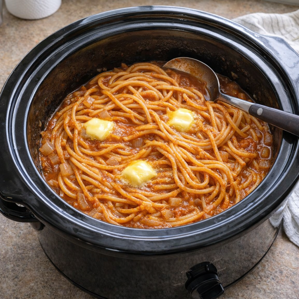 Slow cooker ketchup spaghetti in the pot