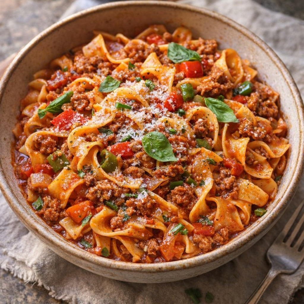 Slow cooker Italian drunken noodle served in a rustic bowl