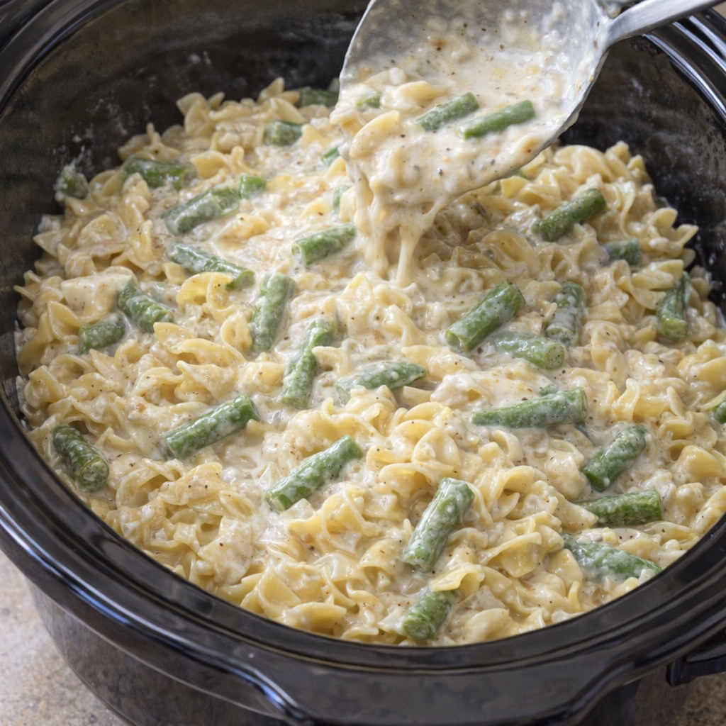 Uncooked casserole mixture spooned into a slow cooker