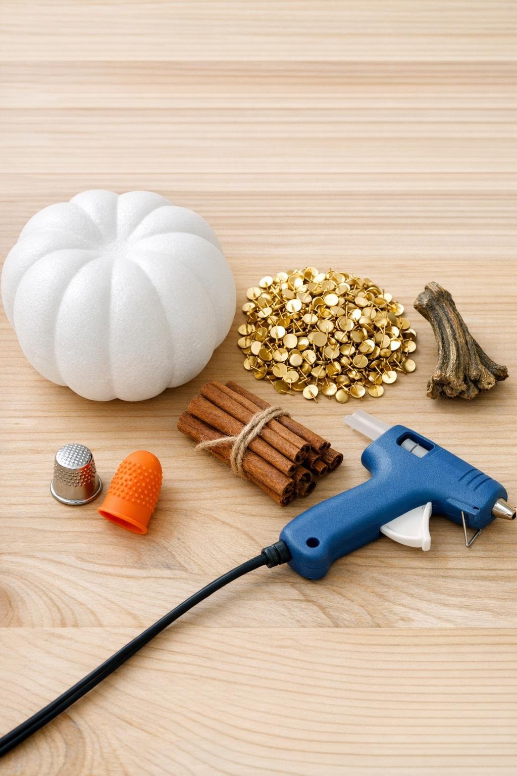Materials for making a studded gold foam pumpkin laid out on a table