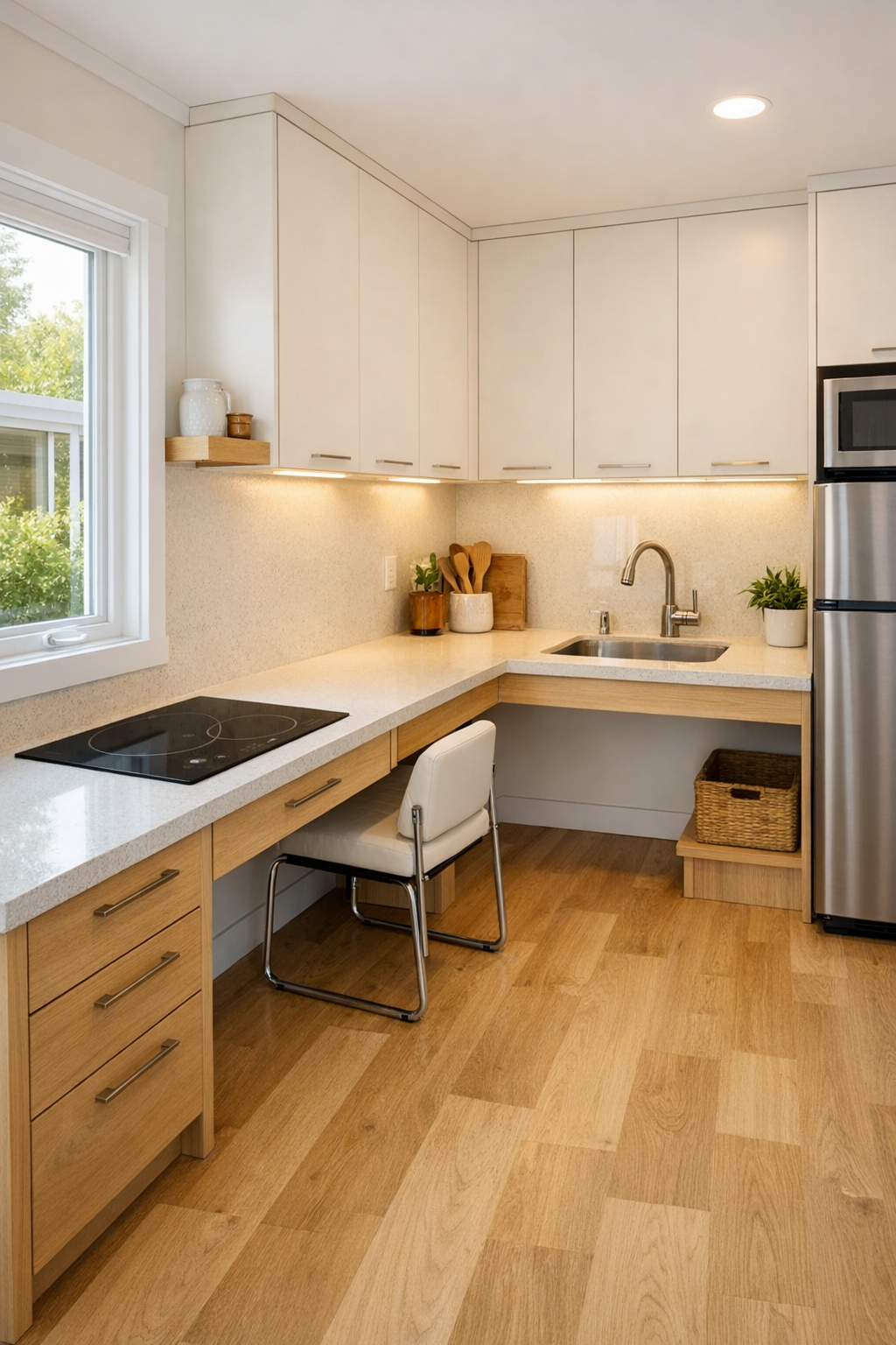 Accessible tiny home kitchen with pale quartz counters and light wood cabinetry