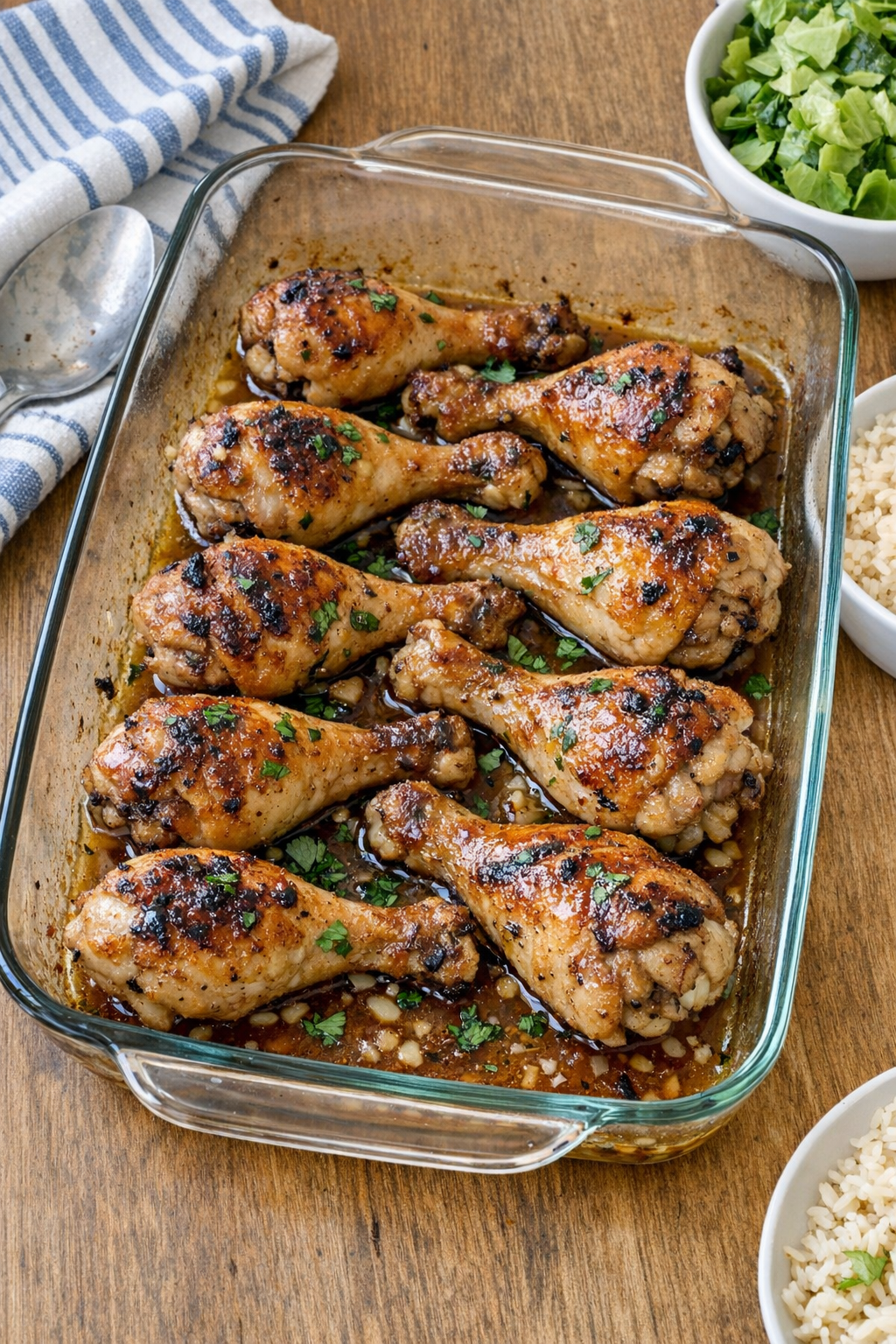 Baked chicken drumsticks in a glass casserole dish