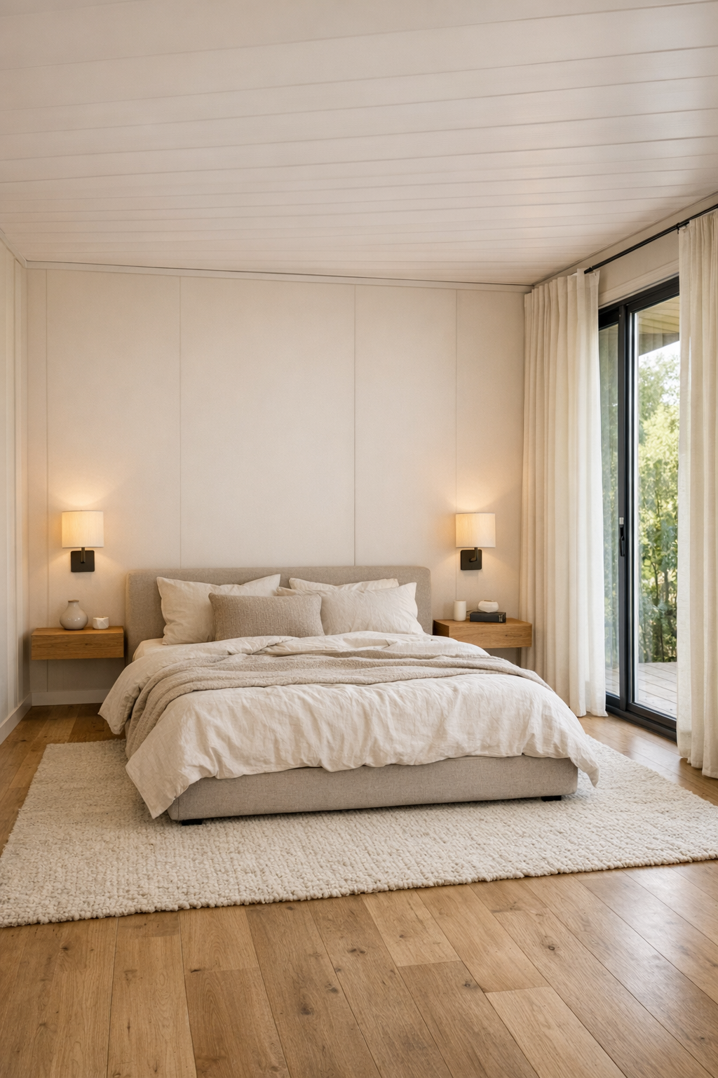 Calm bedroom with low upholstered bed and layered natural textures