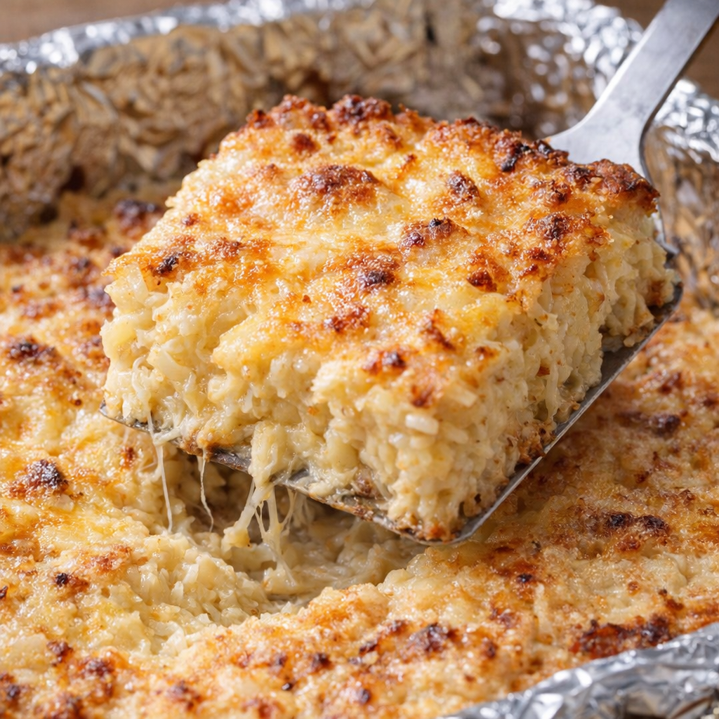 Crispy corner piece of hashbrown casserole showing browned edges