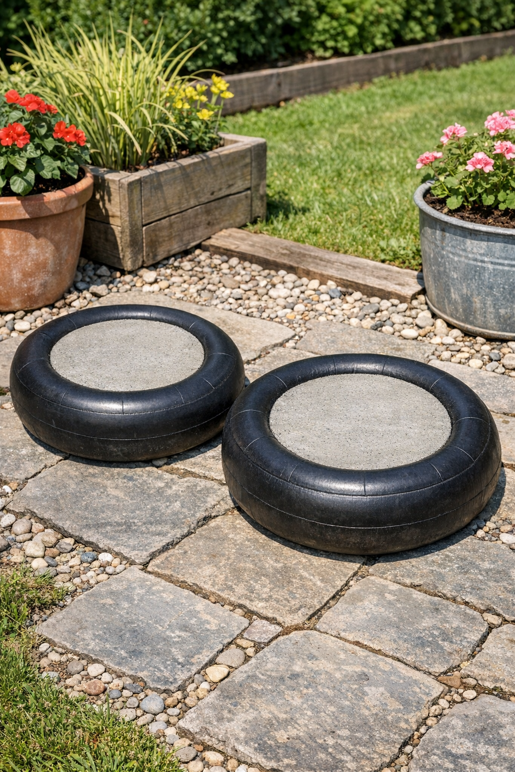 Two finished heavy ringed garden bases made from rubber inner tubes and cement