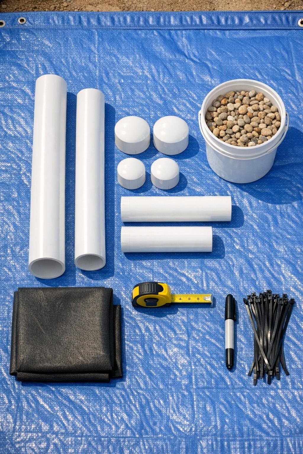 PVC pipe sections, landscape fabric, caps, and gravel laid out for the project