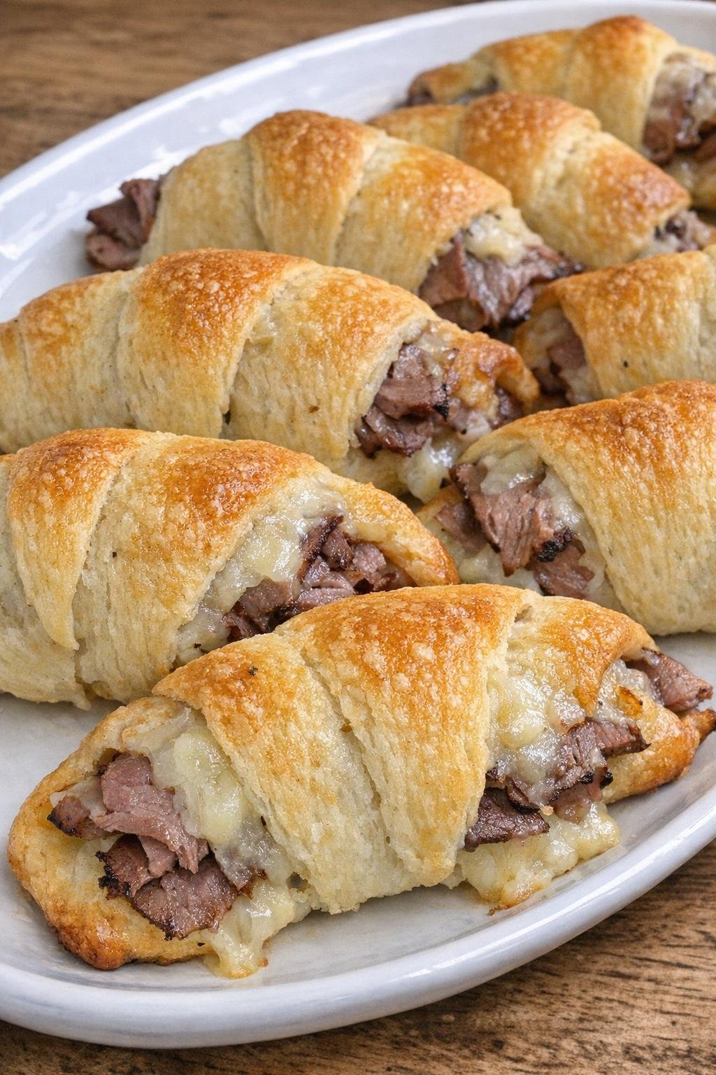 Golden brown crescent blankets with roast beef and gruyere on a white platter