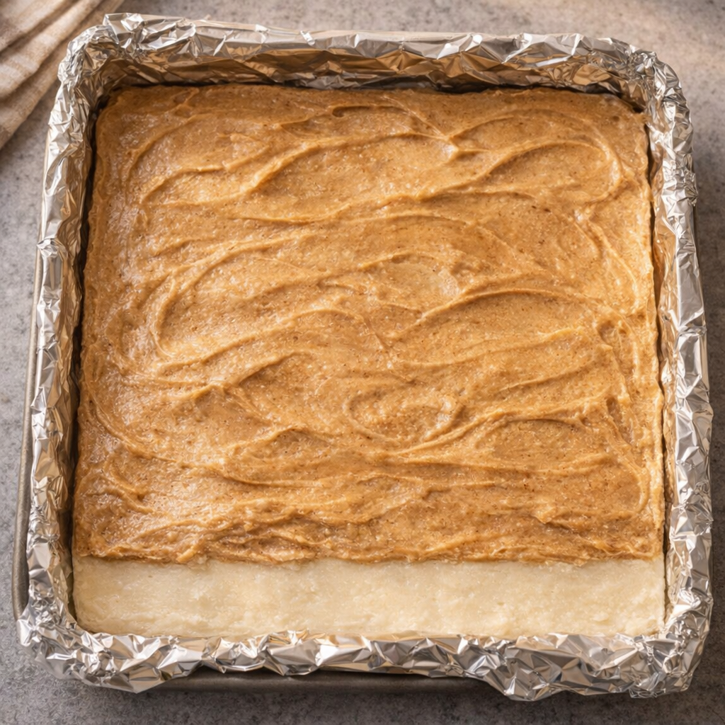 Uncut layered fudge in the pan with swirled coffee top