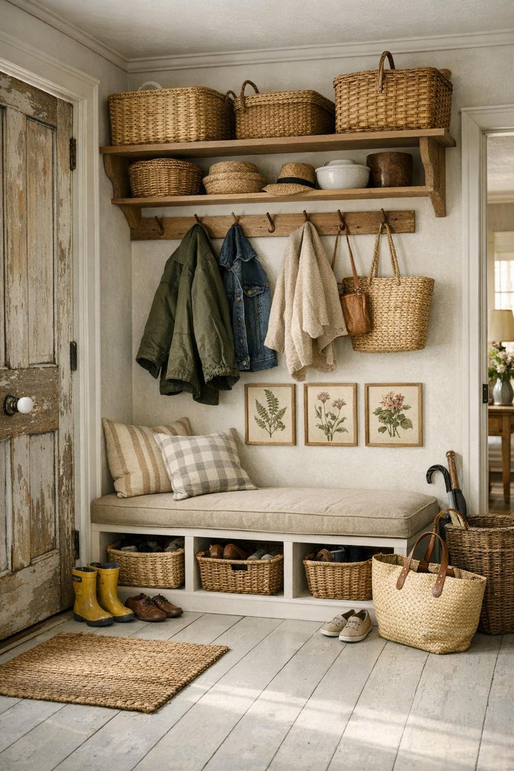 Practical cottage entry and hallway with built-in storage, baskets, and painted wood details