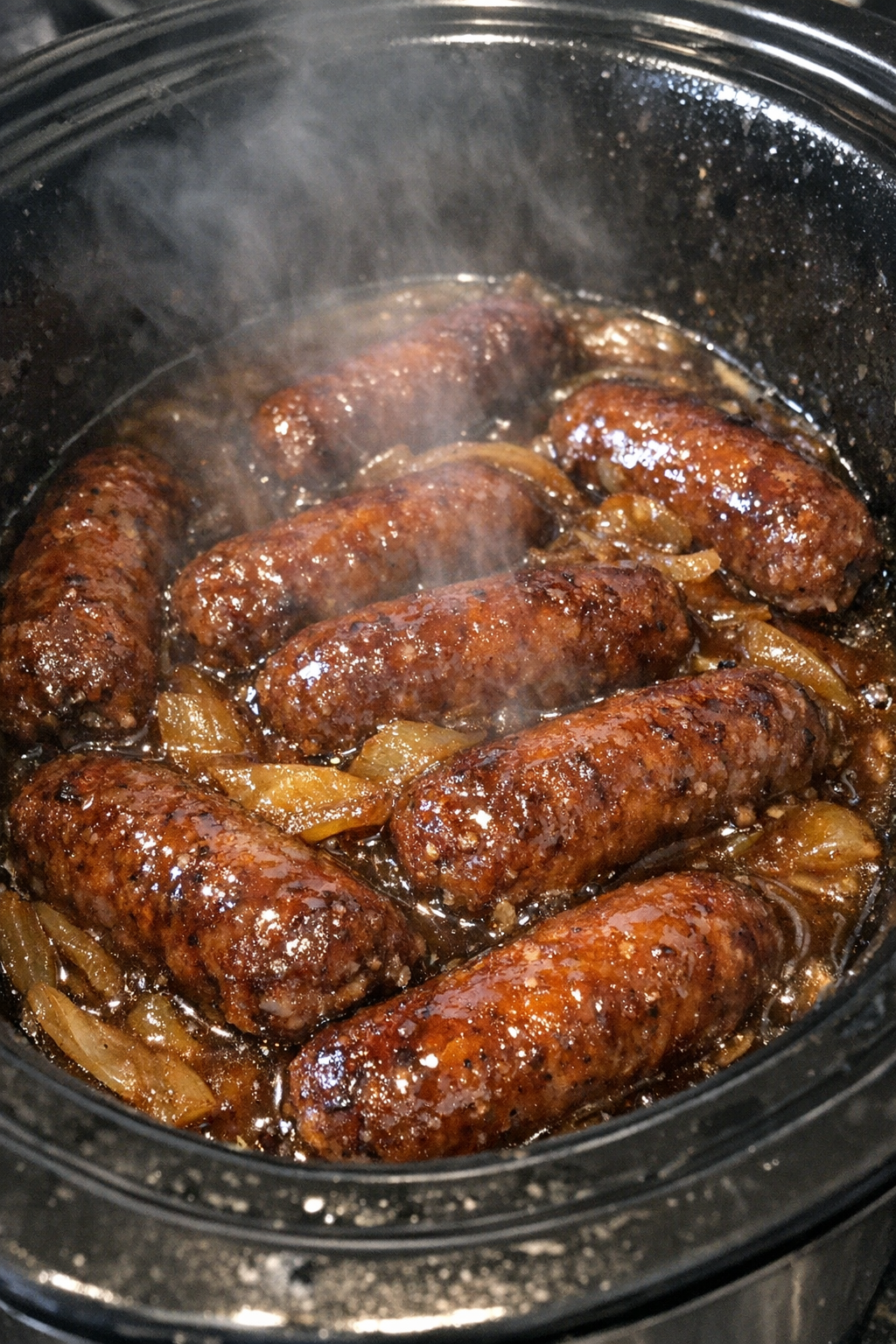 Slow cooker bratwurst in amber sauce