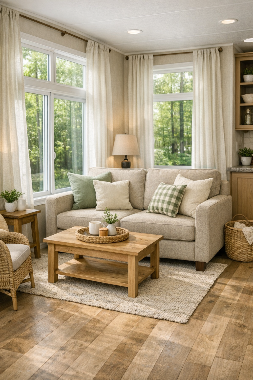 Bright cozy living room with sage and cream accents in a park model RV
