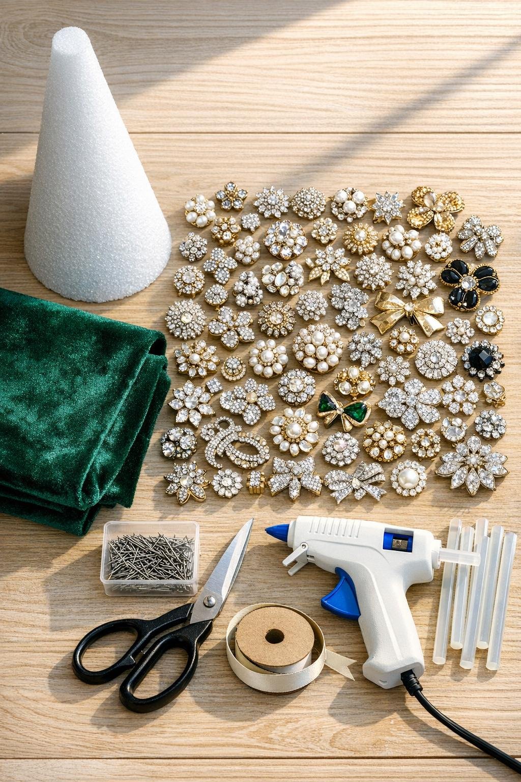 Materials for a jeweled tabletop tree laid out neatly