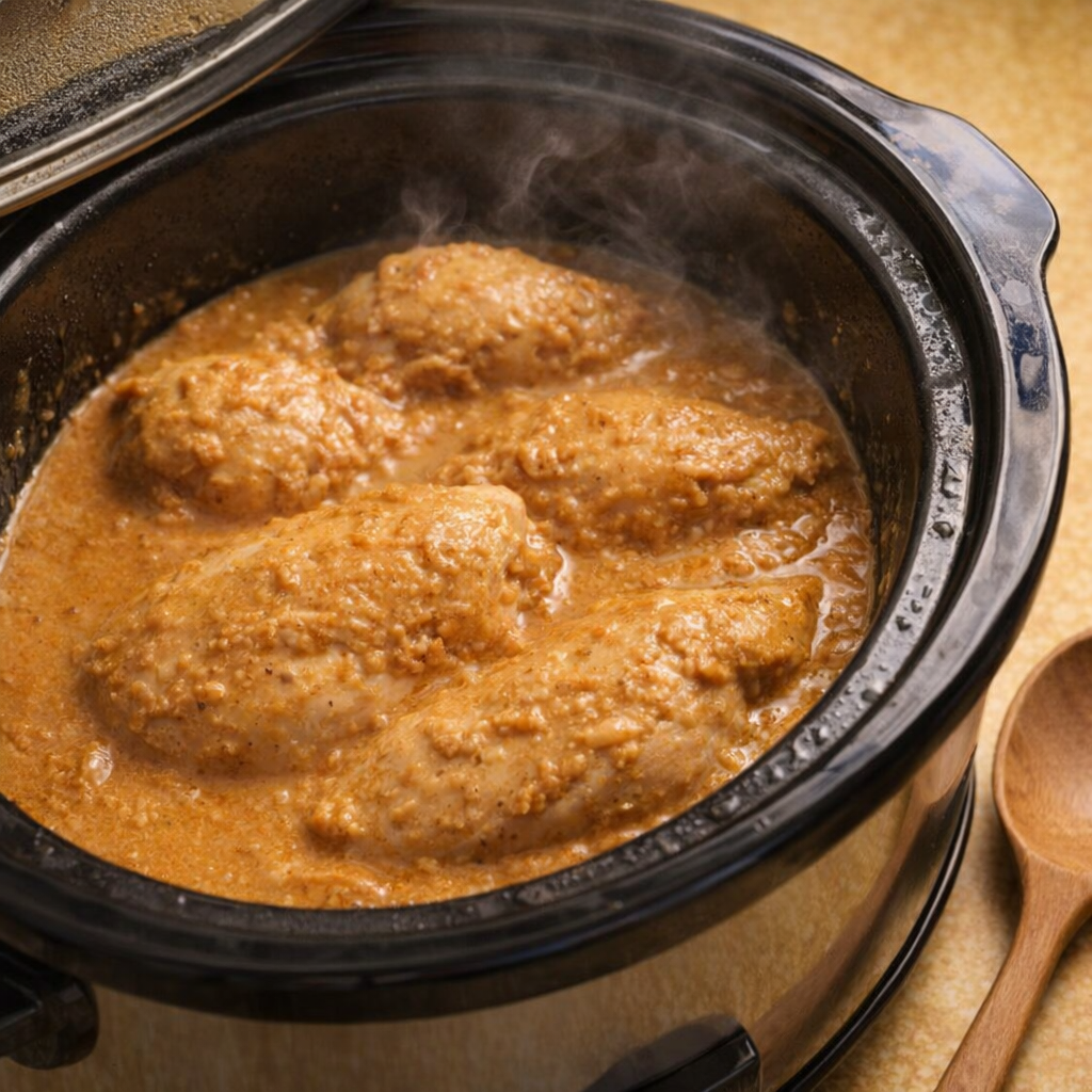Slow cooker with peanut butter chicken midway through cooking