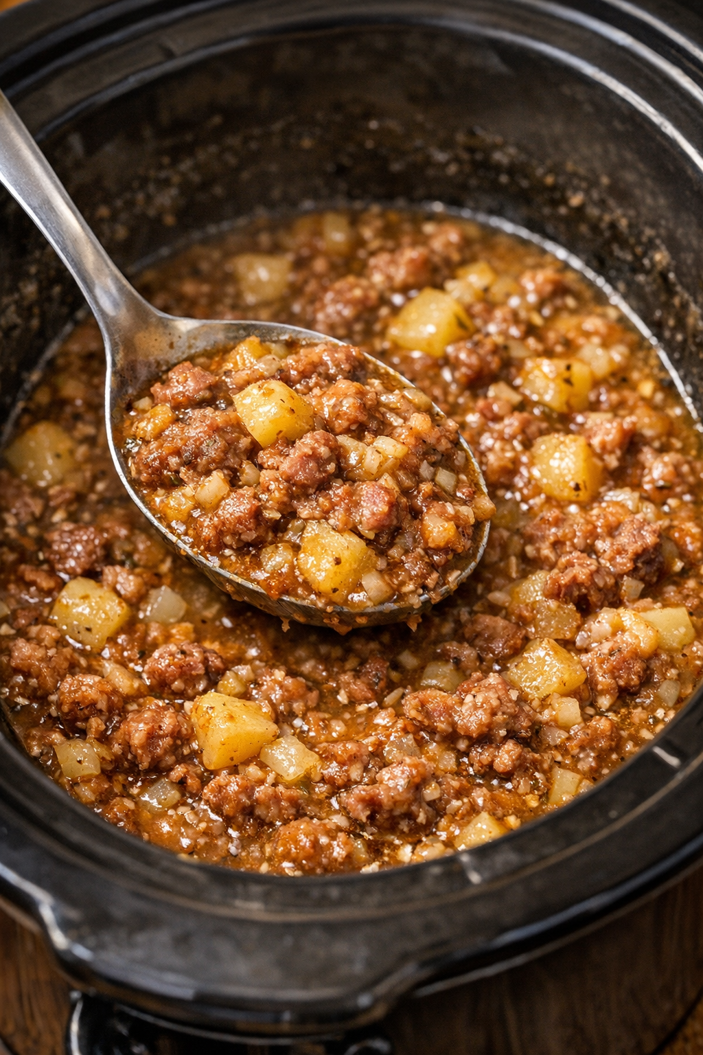 Chunky beef and potato mixture stirred together