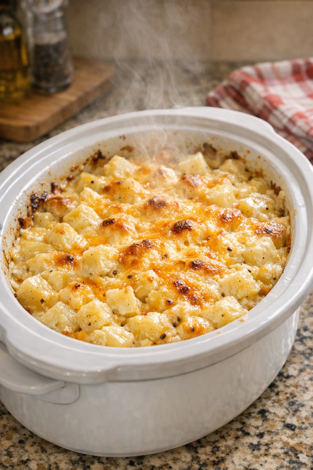 Finished cheesy potato bake in a white oval slow cooker