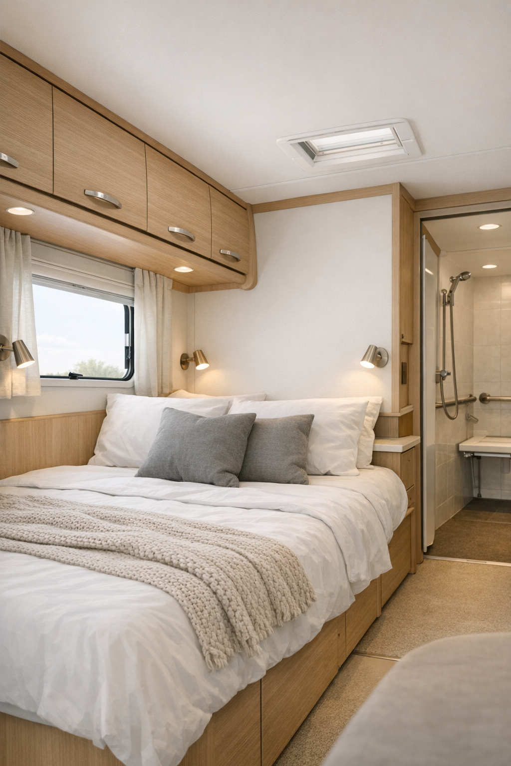 Serene RV bedroom with crisp white bedding, built-in storage, and soft lighting
