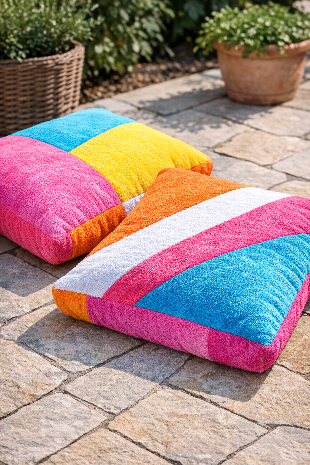 Finished oversized patio floor cushions made from colorful beach towels